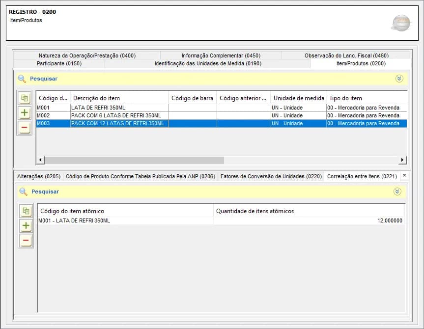 exemplo registro 0221 pack 12 latas refrigerante