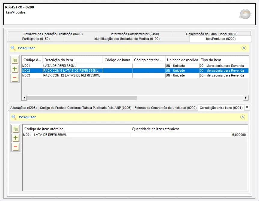 exemplo registro 0221 pack 6 latas refrigerante